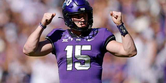 TCU quarterback Max Duggan reacts after a first down against Texas Tech, Saturday, Nov. 5, 2022, in Fort Worth, Texas.