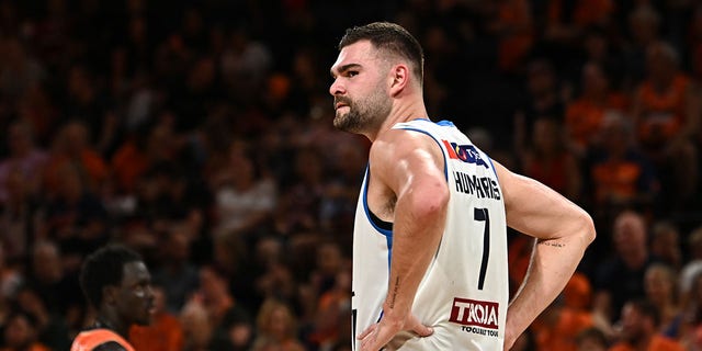 CAIRNS, AUSTRALIA - NOVEMBER 04: Isaac Humphries of Melbourne United reacts during the round six NBL match between Cairns Taipans and Melbourne United at Cairns Convention Centre, on November 04, 2022, in Cairns, Australia.