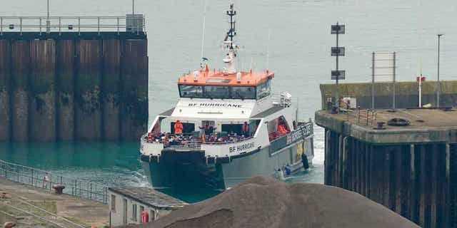 A British Border Force vessel carrying a group of potential migrants rescued after a boat incident in Dover, England, on Nov. 14, 2022. The U.K. and French interior ministers signed an agreement to add more police patrol beaches in northern France in an attempt to stop potential migrants from trying to cross the English Channel in small boats.