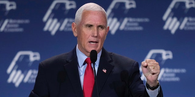 Former Vice President Mike Pence speaks at the annual leadership meeting of the Republican Jewish Coalition on Nov. 18, 2022, in Las Vegas. 