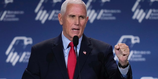 Former Vice President Mike Pence speaks at the annual leadership meeting of the Republican Jewish Coalition Nov. 18, 2022, in Las Vegas. 