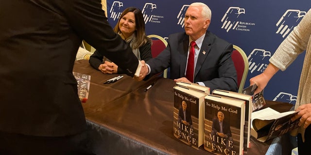 Former Vice President Mike Pence and his wife Karen at a book signing at the Republican Jewish Coalition's annual leadership conference, on Nov. 18, 2022 in Las Vegas, Nevada