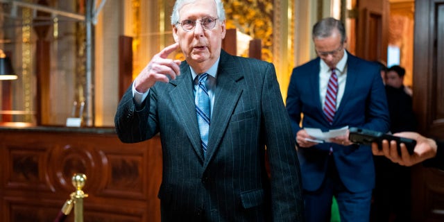 Senate Minority Leader Mitch McConnell, R-Ky., leaves the Republican Senate luncheon before telling reporters he had the votes to remain leader on Tuesday, Nov. 15, 2022. 