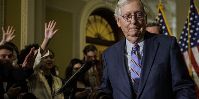 Senate Minority Leader Mitch McConnell, a Republican from Kentucky, leaves a news conference following the weekly Republican caucus luncheon at the US Capitol in Washington, DC, US, on Wednesday, Sept. 28, 2022. Photographer: Samuel Corum/Bloomberg via Getty Images 