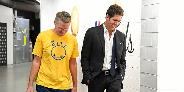 Golden State Warriors head coach Steve Kerr and President of Basketball Operations Bob Myers arrives to the arena prior to Game Six of the 2022 NBA Finals on June 16, 2022 at TD Garden in Boston.