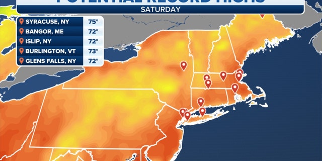 Potential record-high temperatures in the Northeast on Saturday