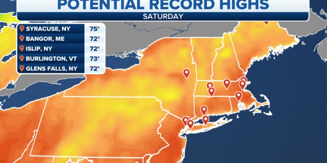 Potential record-high temperatures in the Northeast on Saturday