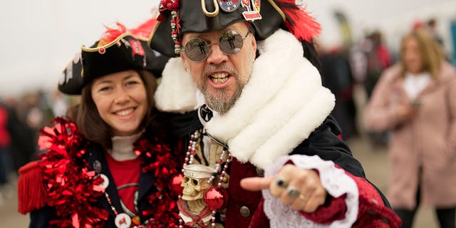 Buccaneers fans dress up for the match between Tampa Bay and Seattle in Munich, Germany, Nov. 13, 2022.