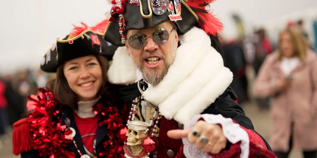 Buccaneers fans dress up for the match between Tampa Bay and Seattle in Munich, Germany, Nov. 13, 2022.