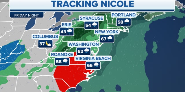 The forecast track on Friday for Tropical Depression Nicole