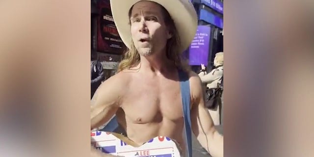 NYC S Naked Cowboy Makes Endorsement For Gov While Performing On Times   NYCs Naked Cowboy Ma2kes Endorsement While Performing With Lee Zeldinwrapped Guitar Restore Law And Order 