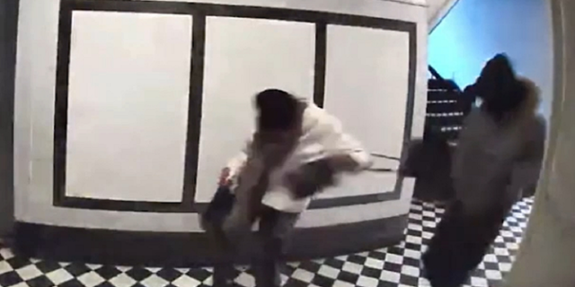 The woman is then seen being pulled in the other direction as the purse is around her arm.