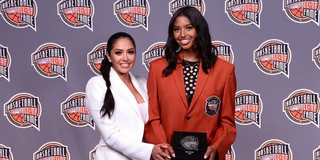 On behalf of Enshrinee Kobe Bryant, Vaness Bryant and Natalia Bryant poses for a portrait during the Class of 2020 Tip-Off Celebration and Awards Gala  as part of the 2020 Basketball Hall of Fame Enshrinement Ceremony on May 14, 2021, at the Mohegan Sun Arena at Mohegan Sun in Uncasville, Connecticut.