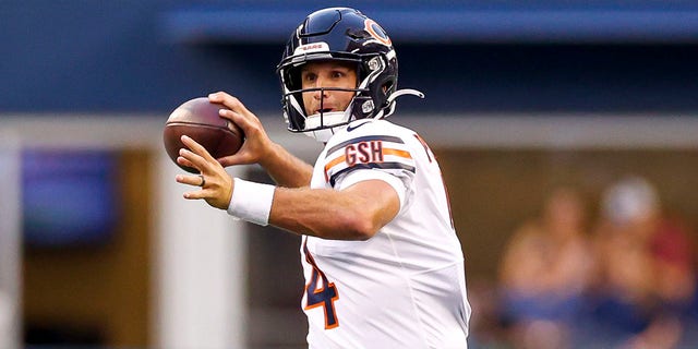 Nathan Peterman of the Chicago Bears throws a pass against the Seahawks at Lumen Field on Aug. 18, 2022, in Seattle, Washington.