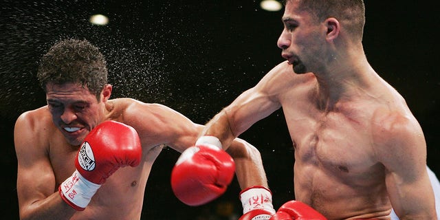 Nedal Hussein, a la derecha, se conecta con un derecho a la cara de Oscar Larios durante una pelea por el campeonato mundial de peso supergallo WBC en el MGM Grand Garden Arena el 27 de noviembre de 2004 en las Vegas.  Larios derrotó a Hussein por decisión unánime. 