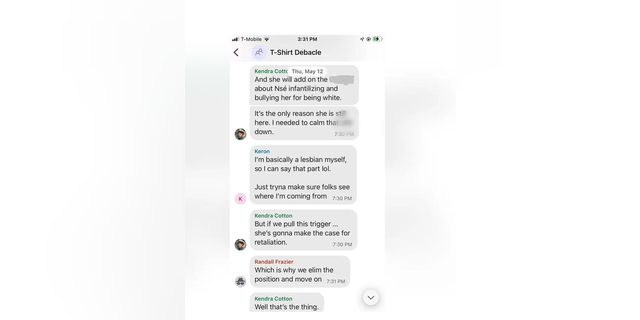 Signal screenshot of New Georgia Project executives discussing firing a White employee by digging up racism charges.