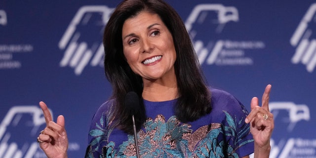 Former U.N. Ambassador Nikki Haley speaks at an annual leadership meeting of the Republican Jewish Coalition Saturday, Nov. 19, 2022, in Las Vegas. 