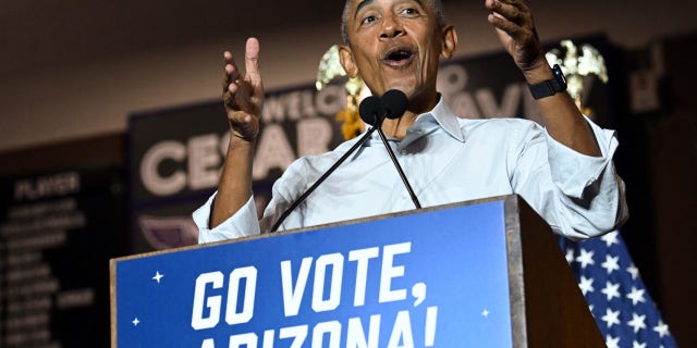 Former US President Barack Obama speaks during a campaign event supporting US Senator Mark Kelly and Democratic Gubernatorial candidate for Arizona Katie Hobbs, in Phoenix, Arizona, on November 2, 2022. (Photo by Patrick T. FALLON / AFP) (Photo by PATRICK T. FALLON/AFP via Getty Images)