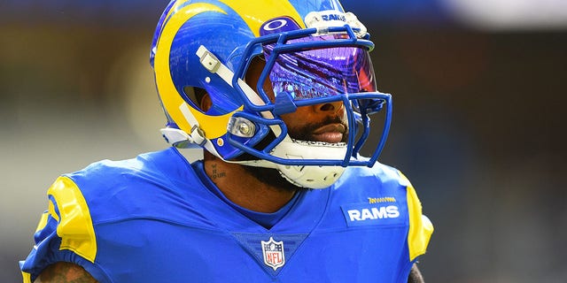 Los Angeles Rams wide receiver Odell Beckham warms up before the San Francisco 49ers game on Jan. 9, 2022, at SoFi Stadium in Inglewood, California.