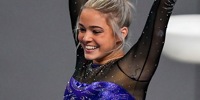 LSU Tigers freshman gymnast Olivia Dunne performs on the uneven bars during the 2021 NCAA Women Gymnastics Championships at Dickies Arena in Fort Worth, Texas, April 16, 2021.