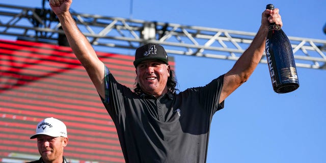 Pat Perez celebrates after winning the stroke play round of the LIV Golf Invitational - Miami Tag Team Championship on October 30, 2022, in Florida.