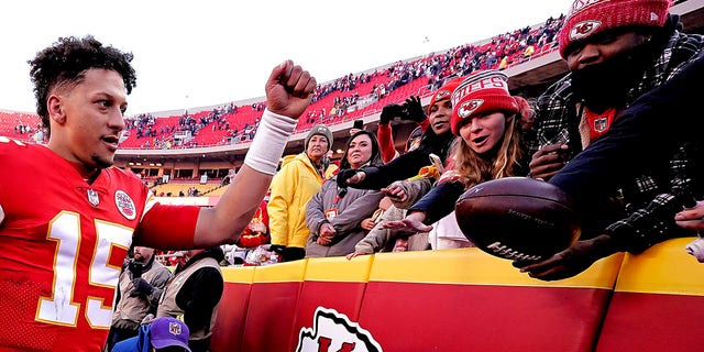 Kansas City Chiefs quarterback Patrick Mahomes greets fans after an NFL football game against the Jacksonville Jaguars Sunday, Nov. 13, 2022, in Kansas City, Mo.