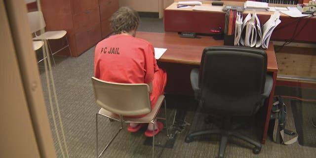 Paul Snider, accused of murdering two people, sits in a chair during his hearing
