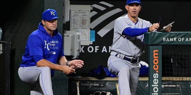 Kansas City Royals manager Mike Matheny, left, and bench coach Pedro Grifol during the Orioles game at Camden Yards, Sept. 7, 2021, in Baltimore.