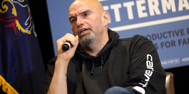 Pennsylvania Lt. Gov. John Fetterman, a Democratic candidate for U.S. Senate, and Pennsylvania Congresswoman Mary Gay Scanlon, discuss reproductive freedom and the economy in Upper Darby, Pennsylvania, Friday, Nov. 4, 2022.