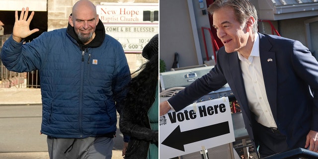 Sen-elect John Fetterman, left, defeated Republican Dr. Mehmet Oz to secure Pennsylvania's Senate seat. (Nov. 8, 2022, in Huntingdon Valley, Pennsylvania.)