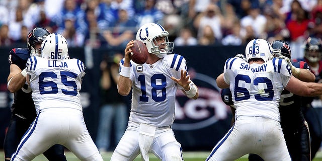  Quarterback Peyton Manning, #18 of the Indianapolis Colts, looks for an open receiver as he receives protection from offensive guard Ryan Liljat, #65, and center Jeff Saturday, #63, against the Houston Texans at Reliant Stadium on Nov. 29, 2009 in Houston.