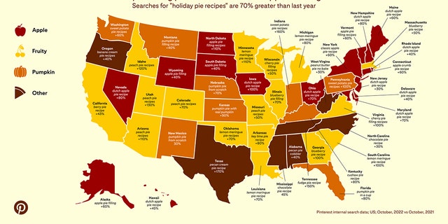 The top trending pies in each state across America according to Pinterest for the 2022 Thanksgiving season - varieties include apple, fruity, pumpkin, and others.