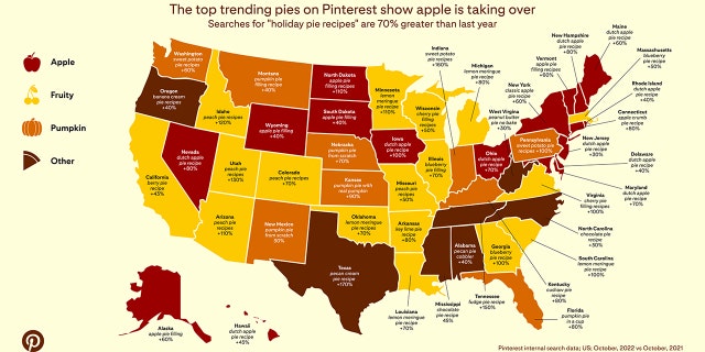 The trending cakes in every state across America according to Pinterest for the 2022 Thanksgiving season — Varieties include apple, fruit, pumpkin, and others.