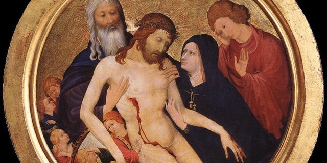 Heath pointed out that in the 13th century Pietà by Jean Malouel, the blood from the side of Jesus flows to his groin. 