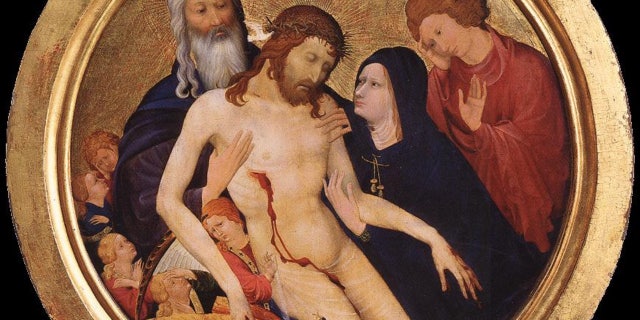 Heath pointed out that in the 13th century Pietà by Jean Malouel, the blood from Jesus' side flows to his groin.