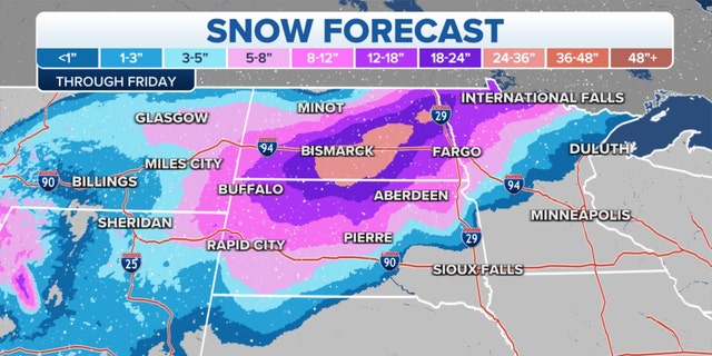 Snowfall forecast in the Plains through Friday