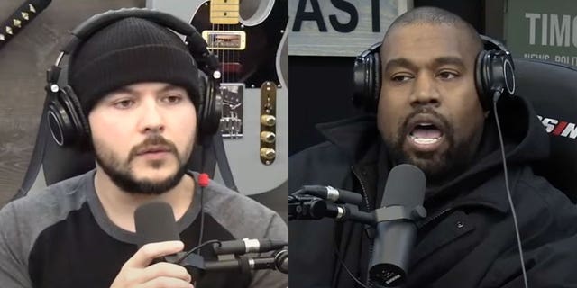 "Timcast" host Tim Pool confronts Kanye West about his antisemitic comments before the rapper abruptly leaves the interview on Nov. 28, 2022.