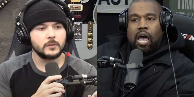 "Timcast" host Tim Pool confronts Kanye West about his antisemitic comments before the rapper abruptly leaves the interview on Nov. 28, 2022.