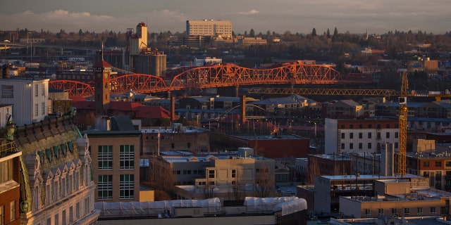 The downtown skyline and the Broadway Bridge are viewed in the early morning on Feb. 11, 2012, in Portland.