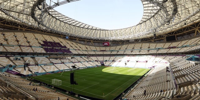 The pitch at Lusail Stadium ahead of the World Cup on Nov. 18, 2022, in Lusail, Qatar.