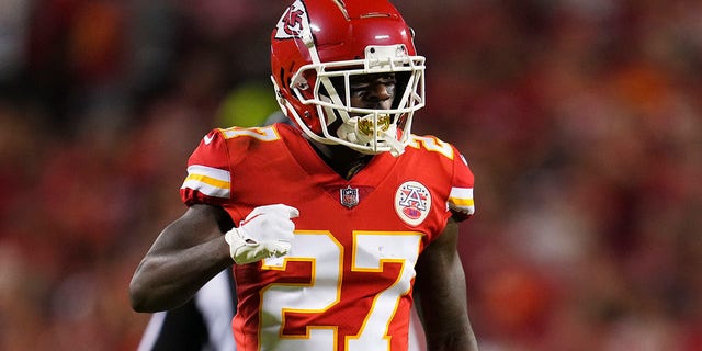 Rashad Fenton #27 of the Kansas City Chiefs celebrates against the Las Vegas Raiders at GEHA Field at Arrowhead Stadium on October 10, 2022 in Kansas City, Missouri.