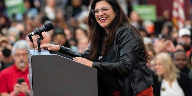 Rep. Rashida Tlaib speaks during the Get Out the Vote Rally in Detroit. Michigan Democrats held a Get Out the Vote Rally for Gov. Gretchen Whitmer with former President Obama ahead of the 2022 midterm elections. 