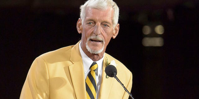 Former NFL punter Ray Guy gives his speech during the NFL Class of 2014 Pro Football Hall of Fame Enshrinement Ceremony at Fawcett Stadium in Canton, Ohio, on Aug. 2, 2014.