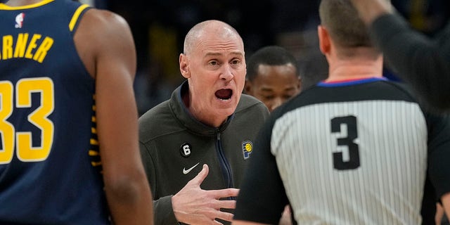 Indiana Pacers head coach Rick Carlisle argues a call with official Nick Buchert during the Orlando Magic game in Indianapolis, Saturday, Nov. 19, 2022.