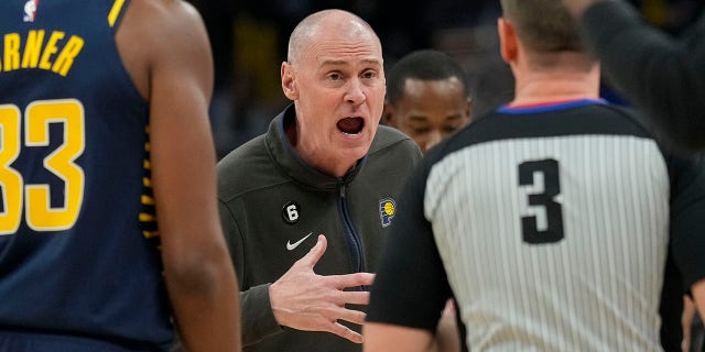 Indiana Pacers head coach Rick Carlisle argues a call with official Nick Buchert during the Orlando Magic game in Indianapolis, Saturday, Nov. 19, 2022.