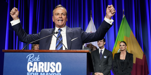Los Angeles mayoral candidate Rick Caruso rallies the crowd at his election-night headquarters on Nov. 8 in Los Angeles.