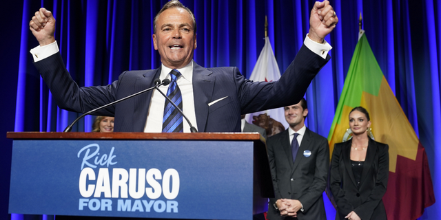 Los Angeles mayoral candidate Rick Caruso rallies the crowd at his election-night headquarters on Nov. 8 in Los Angeles.