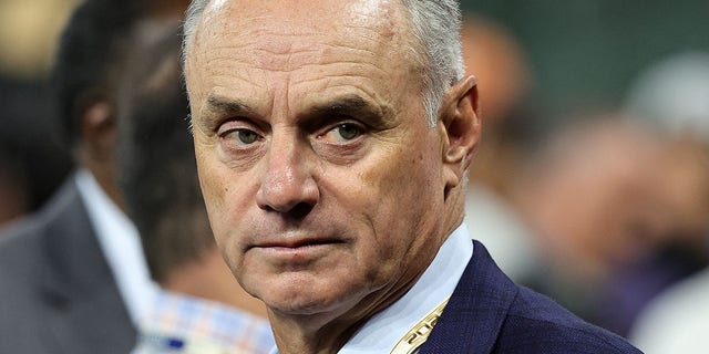 Commissioner Robert D. Manfred Jr. on the court for Game 2 of the World Series between the Astros and Phillies at Minute Maid Park on October 29, 2022, in Houston, Texas.