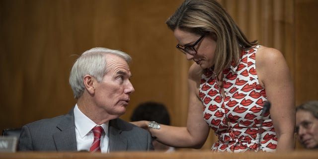 Sen. Kyrsten Sinema, D-Ariz., speaks with Sen. Rob Portman, R-Ohio. (Al Drago/Bloomberg via Getty Images)