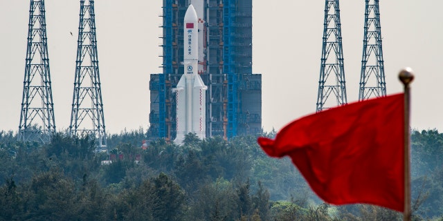 China's space station lab module Mengtian and a Long March 5B Y4 carrier rocket at the Wenchang Space Launch Site on Oct. 31, 2022, in Wenchang, China.